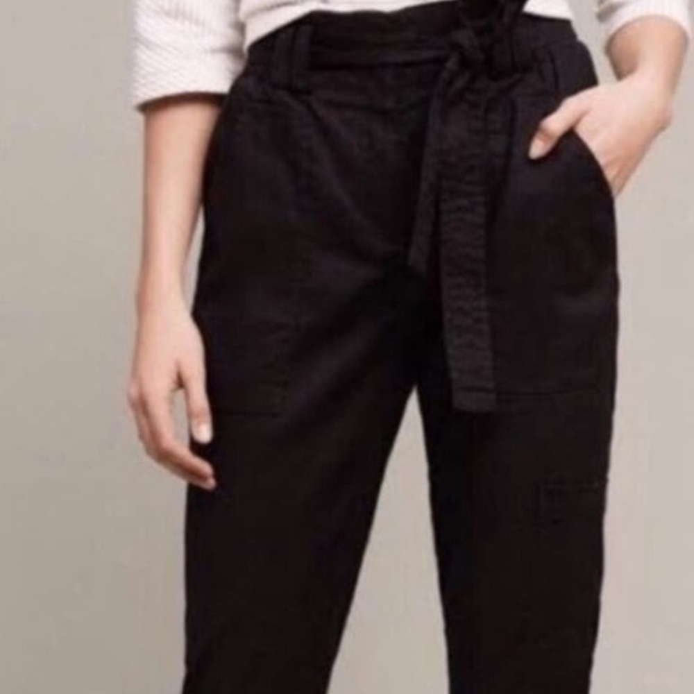 Anthropology X Elevensenses Paper Bag Black Linen Cargo Tapered Women's Pants XL